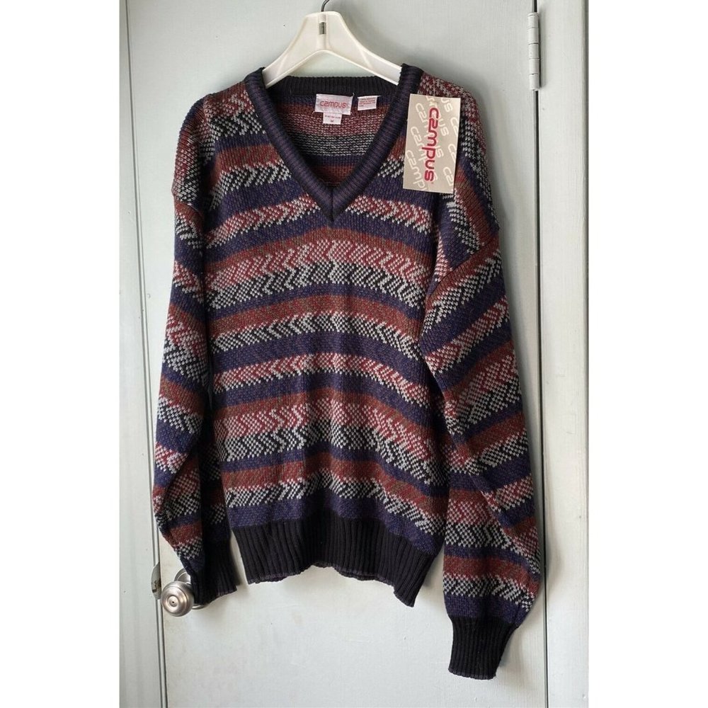 Vintage Men's Sweater Ski Nordic Geometric CAMPUS New old stock Purple M